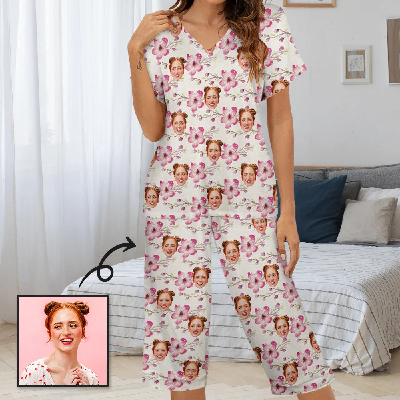 Personalized Face Women's Pajama Set Custom Face Pink Flowers Women's V-Neck Short Sleeve&Capri Pants Pajama Sets Modern Bootcut Pants