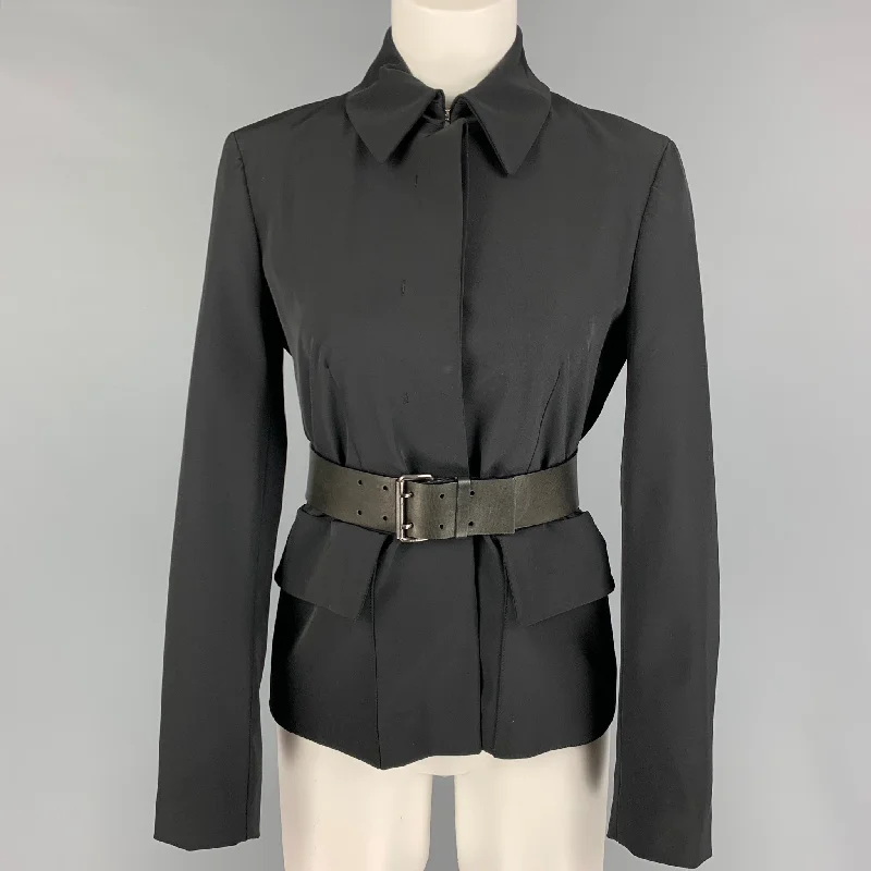 PRADA Size 4 Black Polyester Leather Belted Jacket Nylon Jacket Polyester Jacket Spandex Jacket PRADA Size 4 Black Polyester Leather Belted Jacket Nylon Jacket Polyester Jacket Spandex Jacket