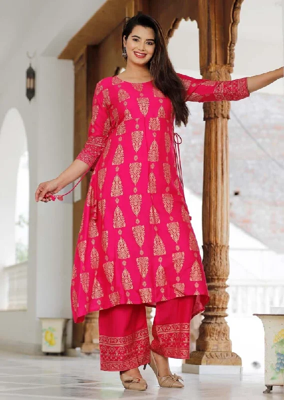 Rayon Material Woman Kurta And Pant Set in Pink Colour Elegant Dress Pants