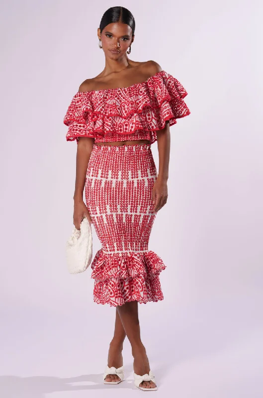 SUMMER LOVING RUFFLE TEXTURED MIDI SKIRT button skirt front