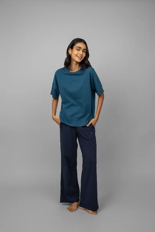 Teal Top with Navy Logo Pants Set Relaxed High-Waist Trousers