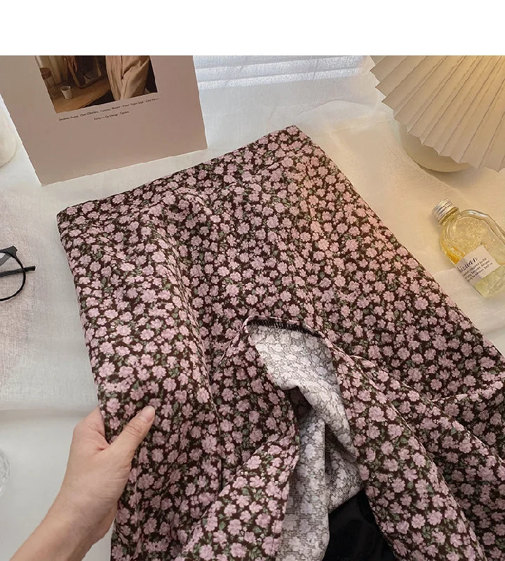 Vintage temperament broken flower high waist thin skirt  5753 asymmetrical skirt cut