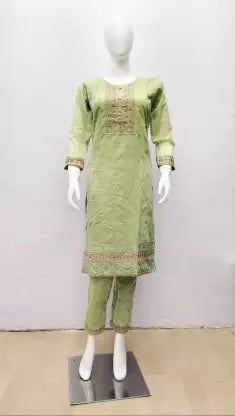 Women Kurta and Pant Set (Green) Classic Straight-Leg Pants