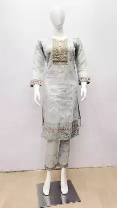 Women Kurta and Pant Set (Grey) Stretch Fit Pants