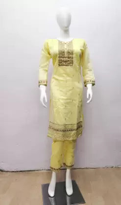 Women Kurta and Pant Set (Yellow) Stylish Paperbag Waist Pants