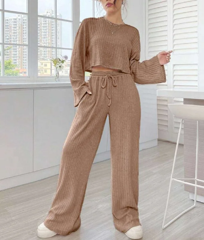 Women's Casual Loungewear Knitted Long Sleeve Top and Pants Outfit Set Casual Drawstring Pants