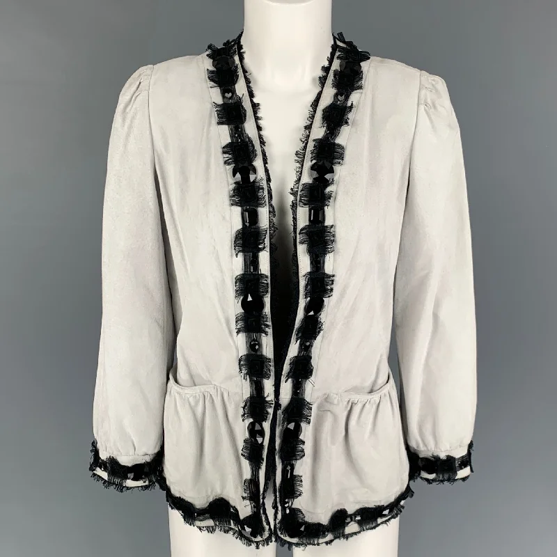 YVES SAINT LAURENT Size 6 Off White Black Leather Beaded Jacket Snapped Jacket Toggled Jacket Drawstring Jacket YVES SAINT LAURENT Size 6 Off White Black Leather Beaded Jacket Snapped Jacket Toggled Jacket Drawstring Jacket